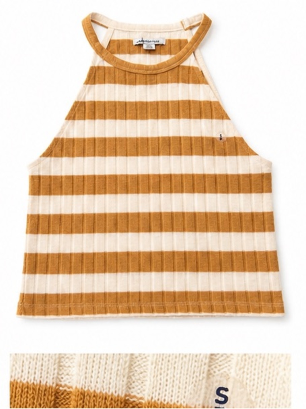 American Eagle Mustard & Cream Striped Ribbed Halter Tank Top